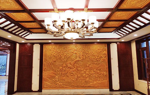 江安中式别墅客厅中式木作横梁吊顶装饰展示