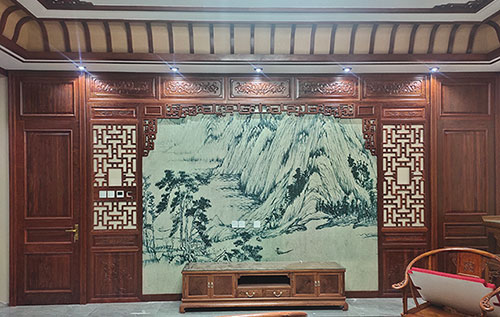 江安中式仿古别墅客厅背景墙花格木作装饰
